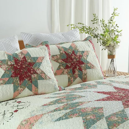 Cotton Bedspread Quilt Bedding Sets, 3 Pieces Reversible Coverlets Comforters Star with Red Floral Real Patchwork Bedspread,Queen Size