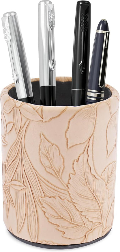 PU Leather Pen Holder Round Flash Makeup Brush Holder Desktop Pencil Storage Holder Gift for Desk Office Classroom Home(1-Carved Light Brown)