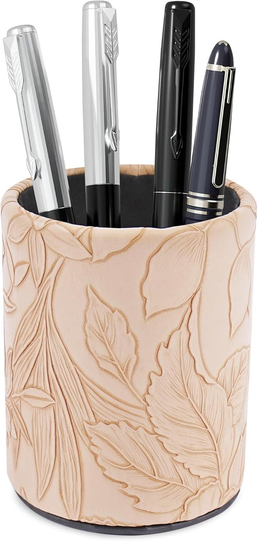 PU Leather Pen Holder Round Flash Makeup Brush Holder Desktop Pencil Storage Holder Gift for Desk Office Classroom Home(1-Carved Light Brown)