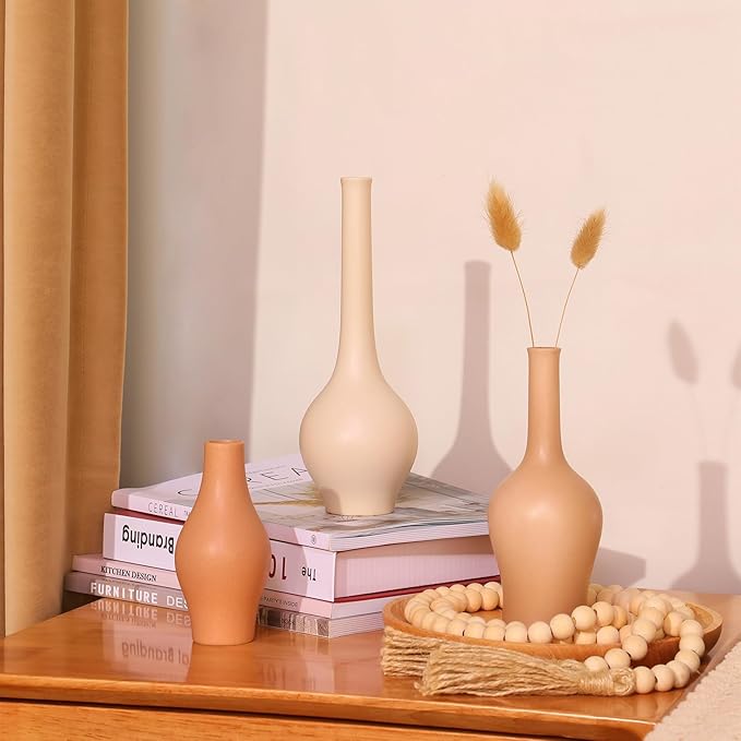 ZENS Ceramic Bud Vase Set of 3, Small Matte Grainy Bud Flower Vases for Bohoshelf Decor, Mini Rustic Boho Vase for Dried Flowers, Room Décor Centerpiece