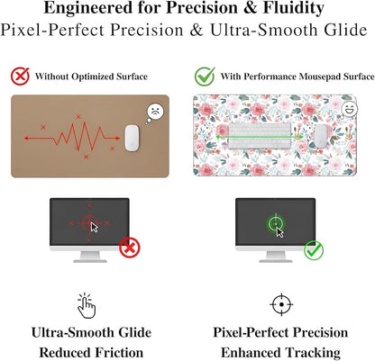 UJoowalk XL Extended Mousepad (35.3 x 15.7 Inch), Large Botanical Desk Mat, Pastel Pink Peony & Green Leaf Design, Waterproof Keyboard Surface, Aesthetic Work Accessories