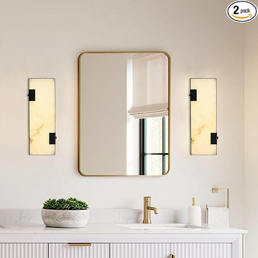 Modern Alabaster Marble Wall Sconces 14.17” Black Frame Dimmable 3000K Warm Glow Light Set of 2 for Bedroom Hallway Living Room