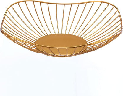 IBWell Short Curved-Edge Modern Creative Stylish Single Tier Dish,Metal Iron Wire Fruit Vegetables Bread Decorative Stand Serving Bowls Basket Holder (Square Dish) (Gold)