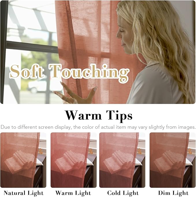 H.VERSAILTEX Linen Curtains Natural Linen Blended Curtain Panels for Living Room/Light Reducing Linen Semi Sheer Curtains 2 Panels Set Nickel Grommet Window Panels (52x84 Inch, Terracotta)