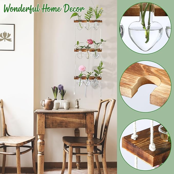 Leinuosen Wall Hanging Plant Propagation Stations 3 Tiered Planter Terrarium with Wooden Stand Home Decor Valentines Gifts for Her Hydroponics Plant Lovers - 9 Glass Vases(Heart Shaped,Clear)