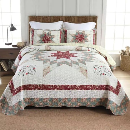 Cotton Bedspread Quilt Bedding Sets, 3 Pieces Reversible Coverlets Comforters Star with Red Floral Real Patchwork Bedspread, King Size