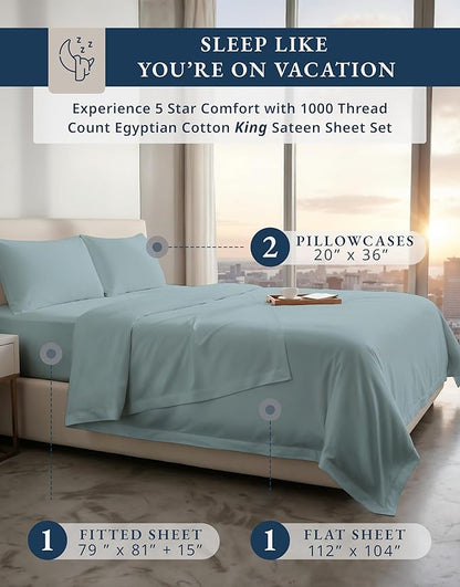 LANE LINEN 1000 Thread Count 100% Egyptian Cotton King Size Sheets – Silky Sateen Weave, Naturally Cooling & Durable, Ultra-Soft Luxury You Can Feel,15" Deep Pocket King Sheet Set – French Blue