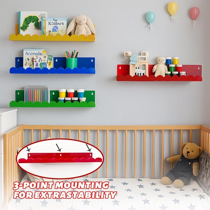 Scalloped Shelves - Set of 4 Acrylic Floating Book Shelves 17inch, Colorful Wall Book Shelf for Room, Scalloped Wall Shelves for Bedroom and Playroom Storage