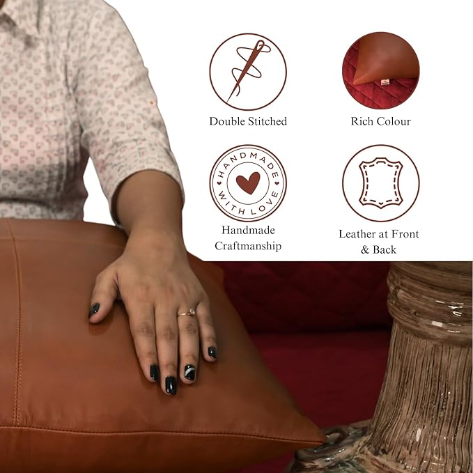 Lambskin Leather Pillow Cover - Sofa Cushion Case - Decorative Throw Covers for Living Room & Bedroom, 14x14 Inches - Camel Antique Plain Pack of 1