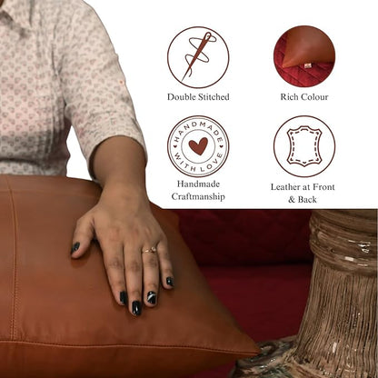 Lambskin Leather Pillow Cover - Sofa Cushion Case - Decorative Throw Covers for Living Room & Bedroom, 22x22 Inches - Camel Antique Plain Pack of 2