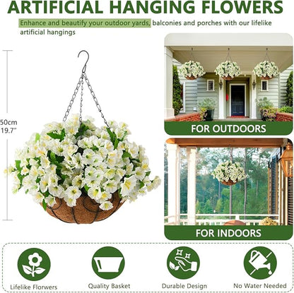 Homsunny Artificial Fake Hanging Flowers Plants Basket for Outdoors,Artificial Petunias for Outdoor Fake Silk Flowers Porch Patio Courtyard Spring Summer Decor(Green White)