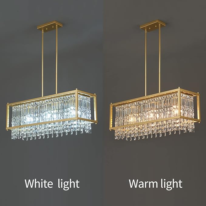 LMQNINE Modern Rectangle Chandelier for Dining Room, Gold Crystal Chandelier Linear Light Fixture, Farmhouse Chandeliers for Kitchen Island, Bar Table, L30.7'' x W9.84'' x H8.66''
