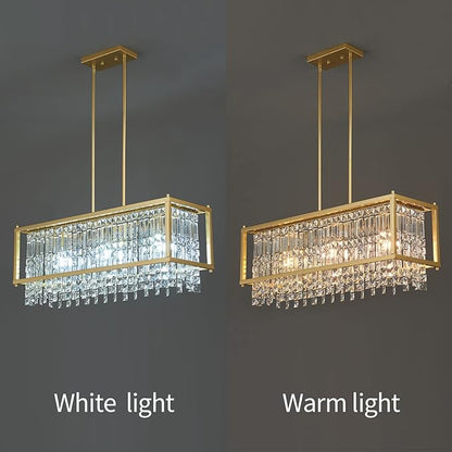 LMQNINE Modern Rectangle Chandelier for Dining Room, Gold Crystal Chandelier Linear Light Fixture, Farmhouse Chandeliers for Kitchen Island, Bar Table, L30.7'' x W9.84'' x H8.66''