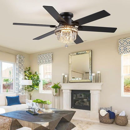 Asyko Crystal Ceiling Fan Fandelier with Lights - 52" Outdoor Fans with Remote Control，Crystal Ceiling Fans Noiseless DC Motor, Retro/Farmhouse Lighting, Dining Room,Living Room