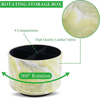 Round Leather Art Supply Organizer,Remote Control Holder,360-degree Rotating Pen Organizer with 4 Compartments(1-Marble Geen)