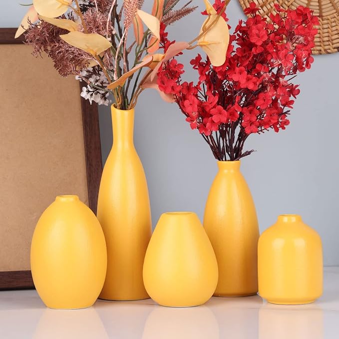 Yellow Ceramic Bud Vases Set of 5, Farmhouse & Fireplace Decor, Multipurpose Home Decoration for Living Room, Entrance, Bathroom, Kitchen & Office, Coffee Table Decor, Bulk Bud Vases