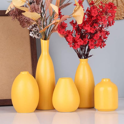 Yellow Ceramic Bud Vases Set of 5, Farmhouse & Fireplace Decor, Multipurpose Home Decoration for Living Room, Entrance, Bathroom, Kitchen & Office, Coffee Table Decor, Bulk Bud Vases