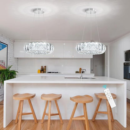 Crystal Round Chandelier Modern LED Dining Pendant Lights for Kitchen Island Dining Room Remote Dimmable Hanging Light Entrance Bedroom Lighting Silver