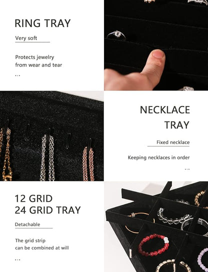 Coward Set of 5 Stackable Jewelry Organizer Tray Necklace Earring Box Storage Ring Bracelet Display Holder (Black(ring+necklace+earring+12grid))