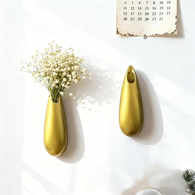 Sculptural Wall Ceramic Vase — 2 Pack Gold Hanging Sconce Vase | Turn Flowers into Art — Decorative Ceramic Wall Sconce for Single Stem Displays