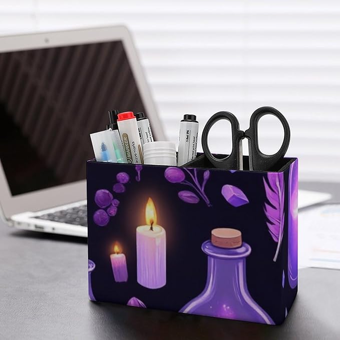 Leather Table Pen Organizer Pencil Pen Holder Office Home Desk Organize Gothic Magic Witch Witchy Trippy Purple Mushrooms