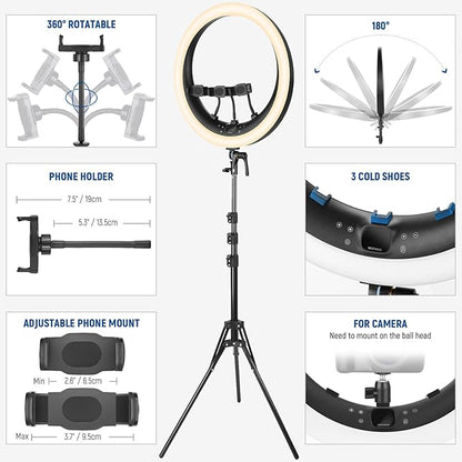 NEEWER RP19H 19" Ring Light with Tripod Stand/3 Phone Holders/Cleaning Cloth Compatible with iPhone, 2.4G Touch Control LED Ringlight for Video Recording Studio Streaming Zoom Selfie Makeup Lighting