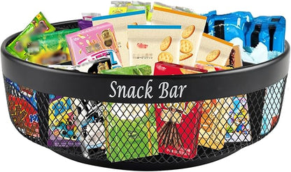 Snack Organizer for Countertop, Metal Turntable Organizer with Divider, 4 Compartment Snack Storage Spinning Snack Tray, Lazy Susan Snack Spinner for Snack Bar Organizer Pantry Storage-Black