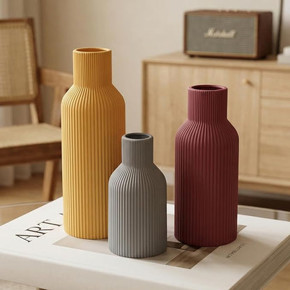 Ceramic Vase Set of 3, Modern Ribbed Boho Vases for Home Decor, Assorted Sizes Decorative Flower Vases for Pampas Grass, Dried Flowers,Shelf, Table Centerpiece