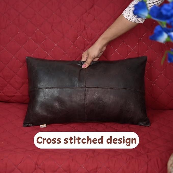 100% Lambskin Leather Pillow Cover - Sofa Cushion Case - Decorative Throw Covers for Living Room & Bedroom, 16x24 Inch - Dark Brown Crunch Plain Pack of 1