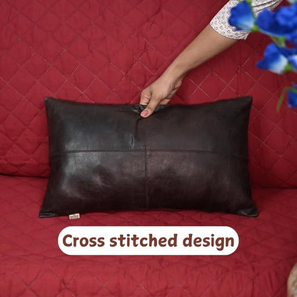 100% Lambskin Leather Pillow Cover - Sofa Cushion Case - Decorative Throw Covers for Living Room & Bedroom, 10x18 Inch - Dark Brown Crunch Plain Pack of 2