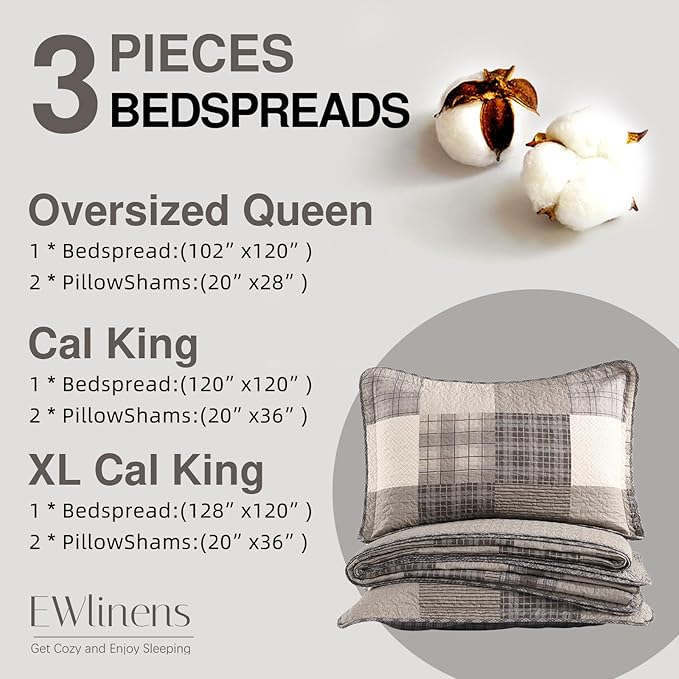 EWlinens 120"x102" Oversized Queen Bedspread - 100% Cotton Lightweight Queen Bedspreads Coverlet Set, Farmhouse Patchwork Plaid Reversible Quilts Bedding Set with 2 Pillow Shams, Brown/Beige/Khaki