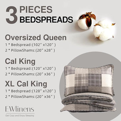 EWlinens 120"x128" Oversized California King Bedspread - 100% Cotton Lightweight Cal King Bedspreads Coverlet Set, Farmhouse Patchwork Plaid Reversible Quilts Bedding Set, 3 Pieces, Brown/Beige/Khaki