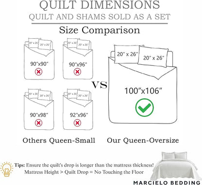 MarCielo 3-Piece 100% Cotton Oversized Bedspread Lightweight Quilt Coverlet Embroidery Farmhouse Bedding Set T0 (Bright White, Oversized Queen (100"x106"))