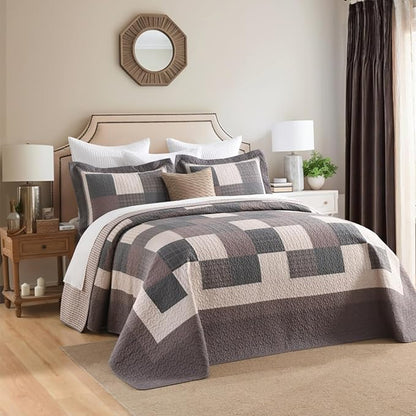 EWlinens 100% Cotton 120"x120" Oversized King Bedspread - Farmhouse Extra Large Quilts King Size, All Season Patchwork Plaid Rustic Striped Quilt Bedding Set, 3pcs, Chocolate Malt/Brown/Black/Beige