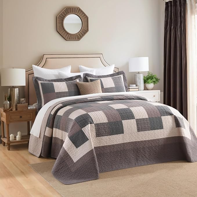 EWlinens 100% Cotton 120"x128" Oversized California King Bedspread, Farmhouse Extra Large Quilts King Size, All Season Patchwork Plaid Striped Quilt Bedding Set, 3pcs, Chocolate Malt/Brown/Black/Beige