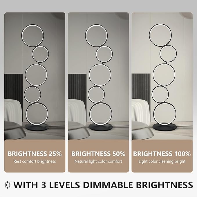 LED Modern Floor Lamp for Bedroom, 3 Way Bright Dimmable Corner Floor lamp with 5-Ring 2-in-1 Standing Tall End Table Lamp for Living Room & Office Reading Light, 3260LM, 6000K, Black.