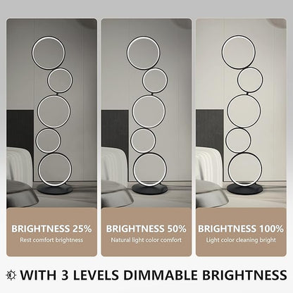 LED Modern Floor Lamp for Bedroom, 3 Way Bright Dimmable Corner Floor lamp with 5-Ring 2-in-1 Standing Tall End Table Lamp for Living Room & Office Reading Light, 3260LM, 6000K, Black.