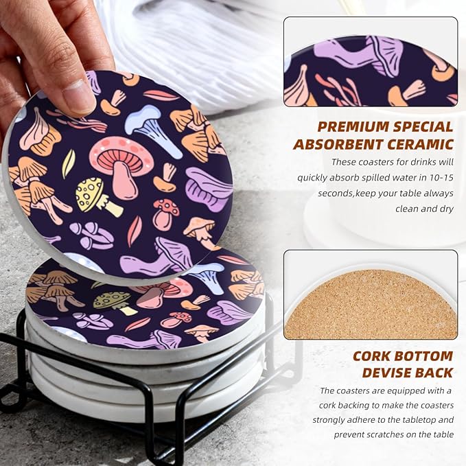Coasters Set of 6 Ceramic Drink Coaster with Cork Base Modern Style Coasters for Mugs and Cups Office Kitchen 4 in