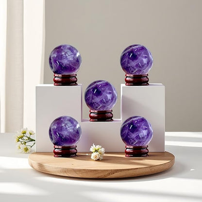 Natural Clear Quartz Crystal Sphere with Stand，5PC Real Crystals Ball, Clear Quartz Small Ball Decor (Amethyst Ball)