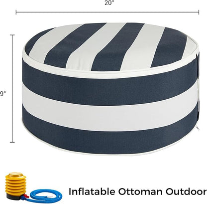 Inflatable Outdoor Ottoman with Air Pump,20"x9" Portable Patio Pouf,Water Resistant,Fade-Resistant,Round Blow Up Footrest Stools for Home Garden Camping Travel(Blue White)