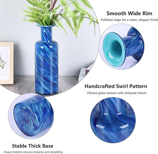 LCCCK 13" Tall Glass Vase Pretty Hand Blown Glass Vase, Unique Colorful Flower Vases for Bouquet, Modern Sea Art Decorative Vase for Home Living Room Kitchen Bathroom Dining Table Centerpieces