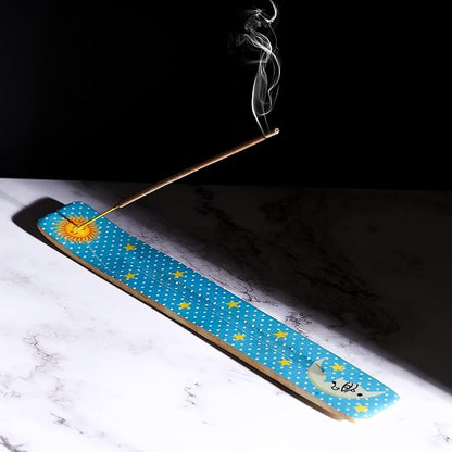 Bless-International Traditional-Handmade-Burner Wooden-Incense-Stick-Holder Ash-Catcher-Stand for-Aromatherapy-Meditation-Yoga (Moon & Stars) 10 Inches, Pack of 2