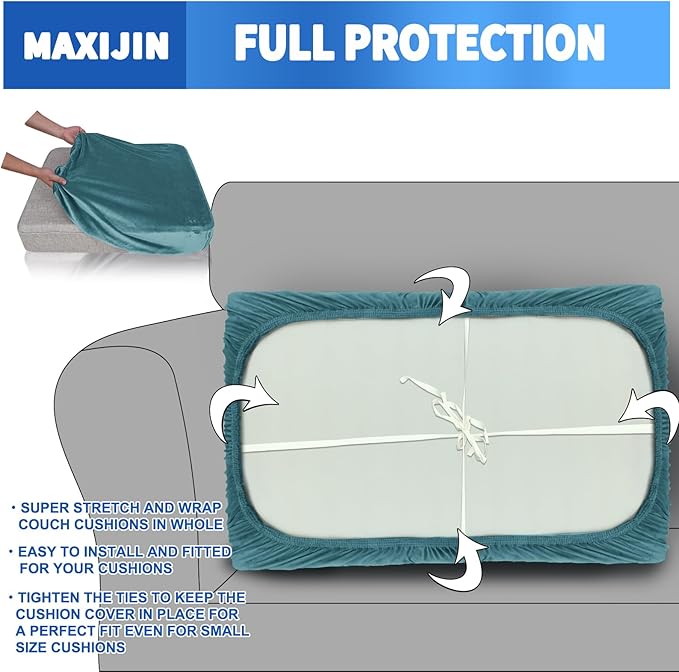 MAXIJIN Velvet Stretch Couch Cushion Covers Soft Loveseat Cushion Cover Replacement Sofa Seat Cushion Slipcovers RV Protector with Elastic Bottom (1 Piece Loveseat Cushion Cover, Peacock Blue)