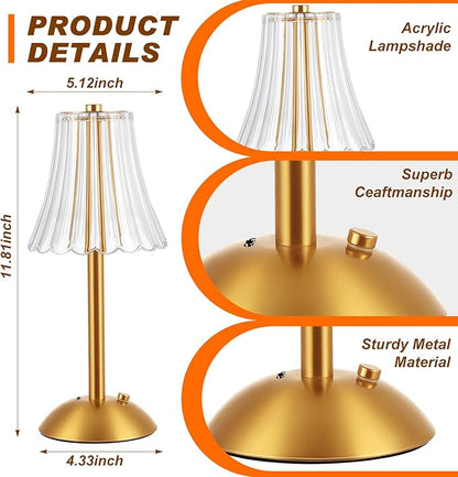 Liliful 12 Pcs Cordless Table Lamp Rechargeable Touch LED Small Gold Portable Battery Operated USB-c Desk Lamp 3 Color Dimmable for Bedroom Living Room Dining (Gold,Rose Style)