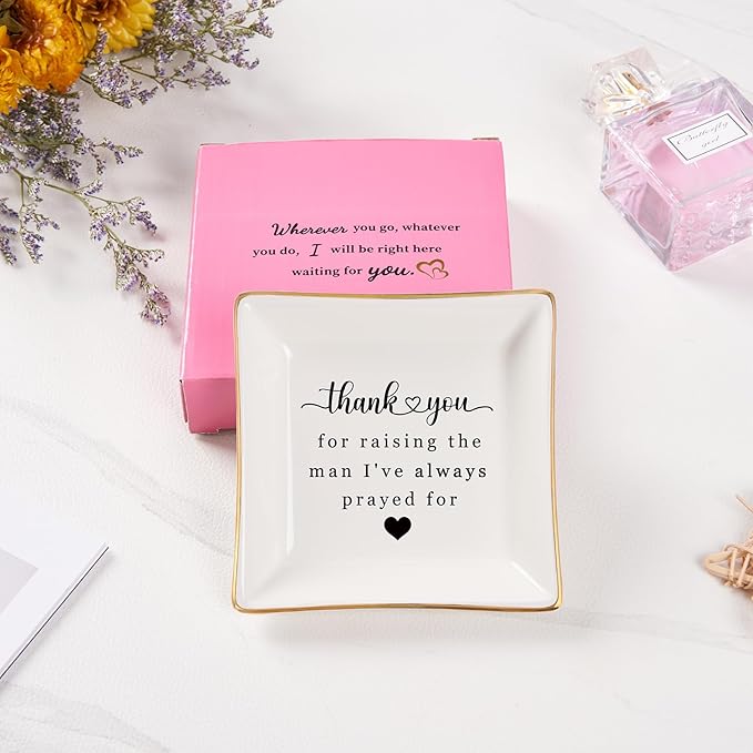 Mother in Law Gifts Jewelry Trinket Dish, Mother of the Groom Gift from Bride - Thank You for Raising the Man I've Always Prayed for - Christmas Mothers Day Birthday Wedding Gifts