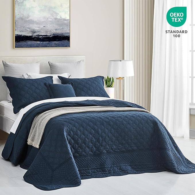 CHIXIN Cotton Bedspread Full Size - Real Stitching - Luxury Quilted Bedding Cover for All Season, Reversible, Ultra Soft, Lightweight, 3 Piece, Navy