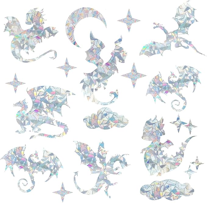 31 Pieces Fly Dragon Sun Catcher Window Clings for Glass Windows, Anti-Collision Stickers Star Moon Decals Prevent Bird Strikes, Rainbow Prismatic Clings Non Adhesive Window Deco