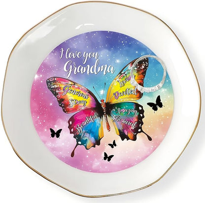 HOME SMILE I Love You Grandma Jewelry Ring Dish Tray with Dynamic Butterfly Pattern Shifts for Grandmother,Unique Mother's Day Gifts for Nana