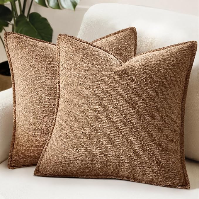 MIULEE Pack of 2 Decorative Textured Boucle Throw Pillow Covers 20x20 Inch Brown Broadside Thick Boho Pillows for Farmhouse Accents Sofa Couch Bedroom Living Room Home Decor