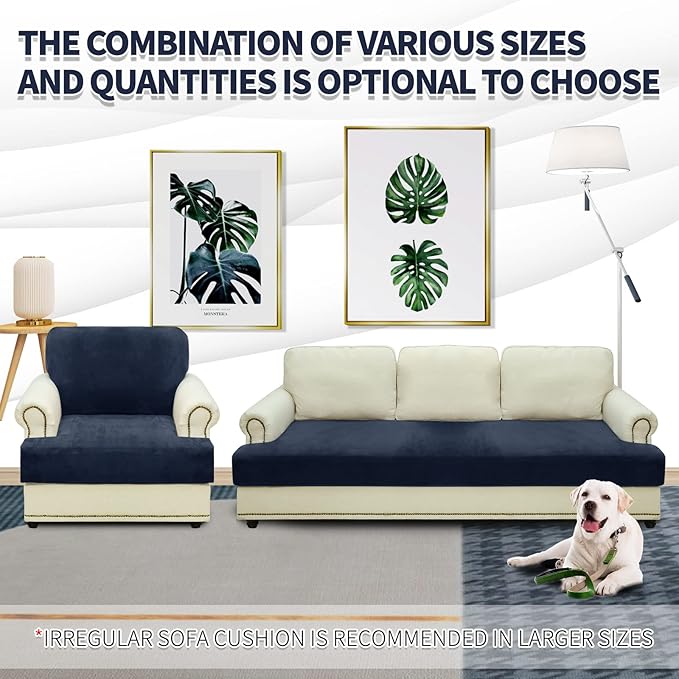 MAXIJIN Velvet Stretch Couch Cushion Covers Soft Sofa Cushion Cover Replacement Sofa Seat Cushion Slipcovers Furniture Protector with Elastic Bottom (1 Piece Sofa Cushion Cover, Navy Blue)